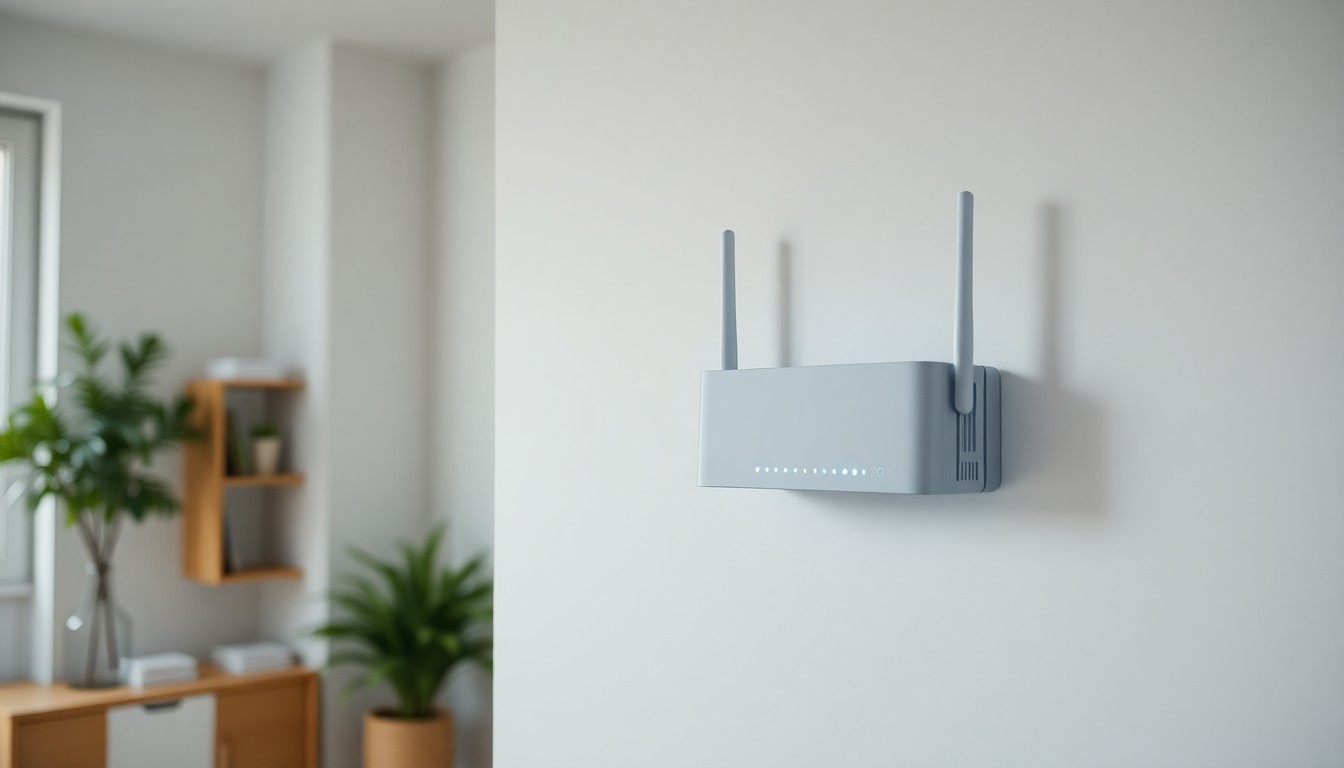 Moderne wifi-router aan Nederlandse woonkamer-wand met glasvezel-kabel