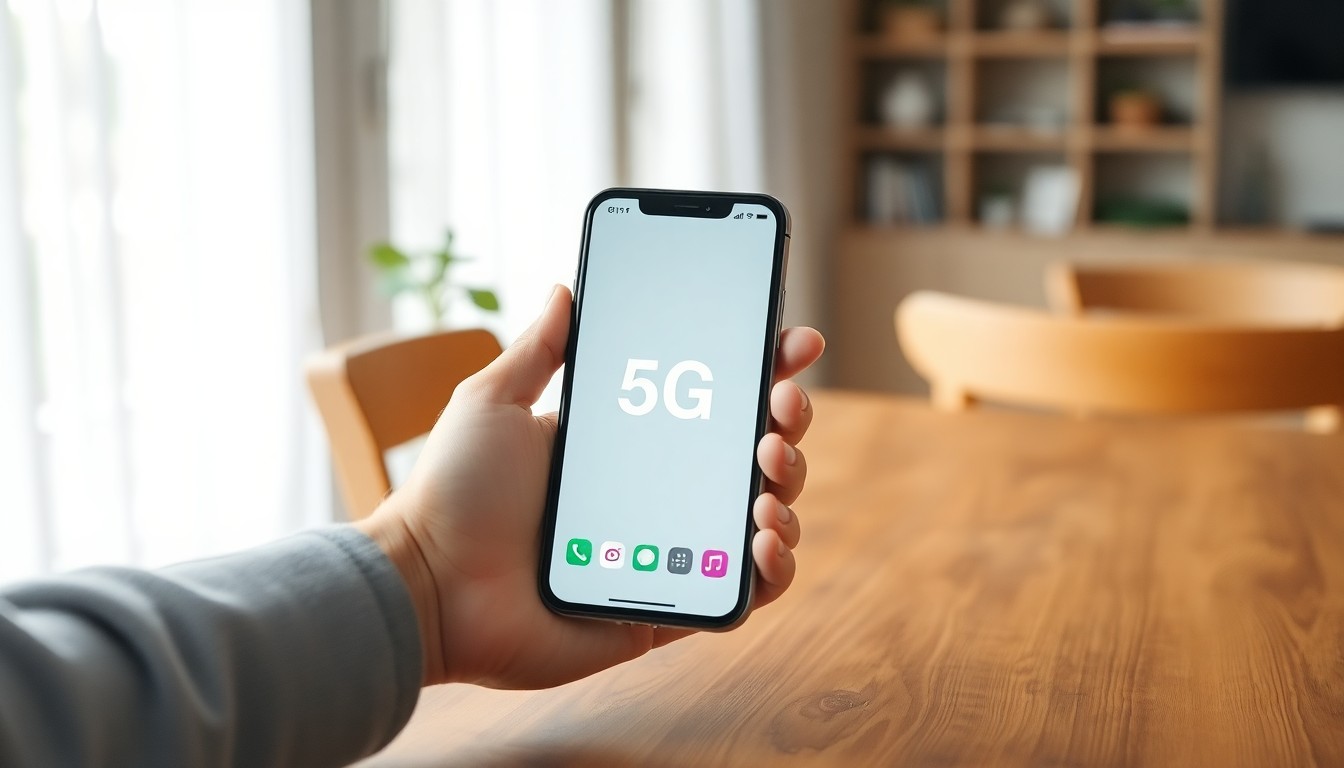 Hand met smartphone op houten tafel in Nederlandse interieur met 5G-signaal